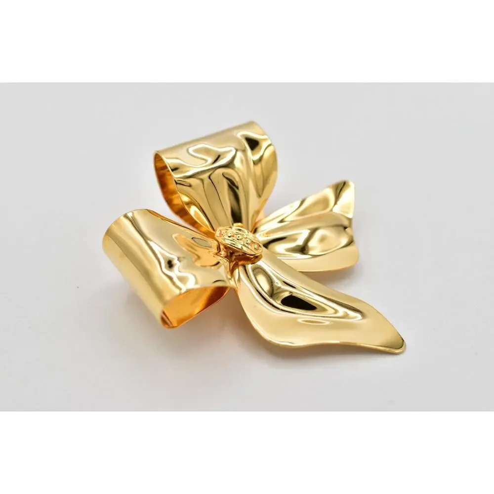 Vintage Chunky Gold Bow Brooch Pin Large Sculptural Ribbon Statement NOS BinA18